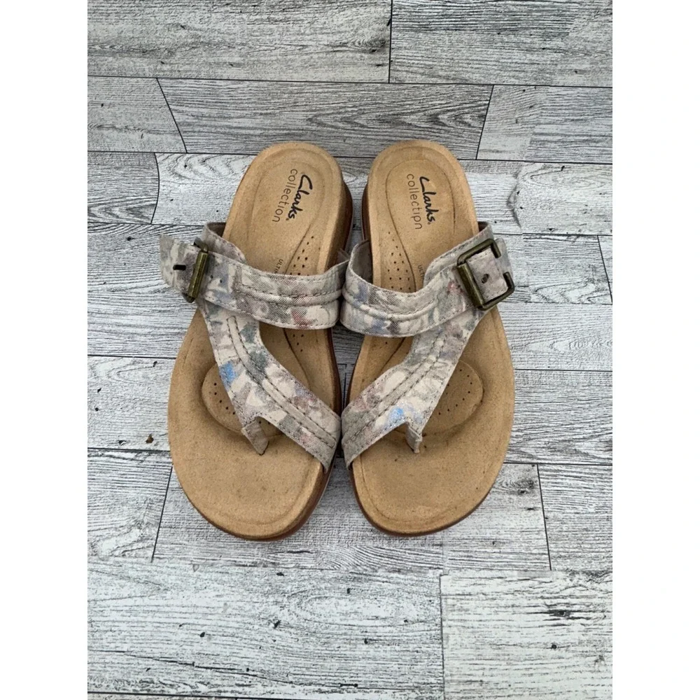 Clarks Collection Mira‎ Tide Women Sz 6M Taupe Floral Slide Sandals 261662364035